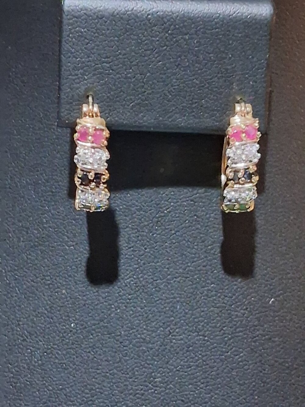 Ross Simons Vintage Genuine Ruby, Sapphire, Emeralds & Diamonds Earrings.